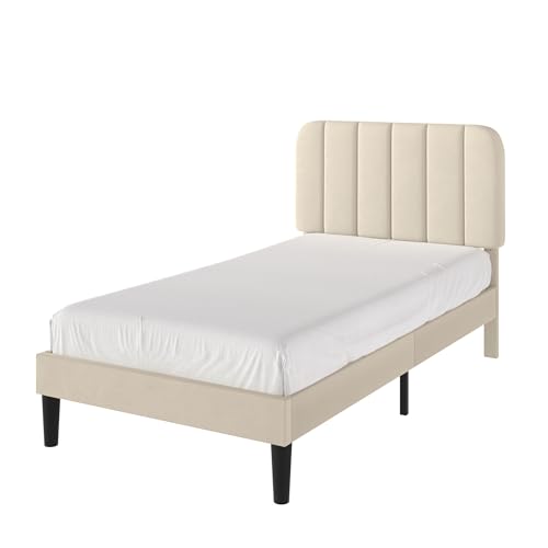 Twin Size Upholstered Bed Frame with Adjustable Headboard - Bone Beige
