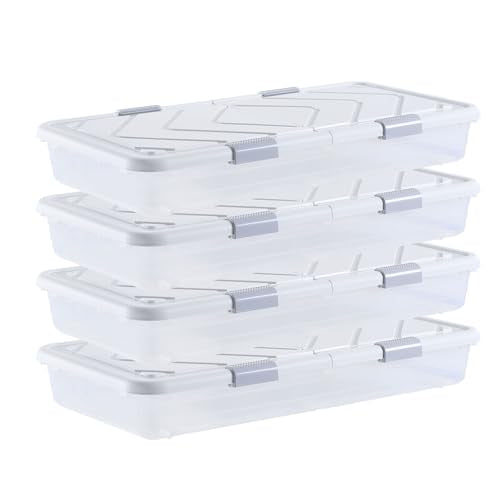 Under Bed Storage Containers with Wheels - 4 Pack, Dustproof Lid & Stackable Design