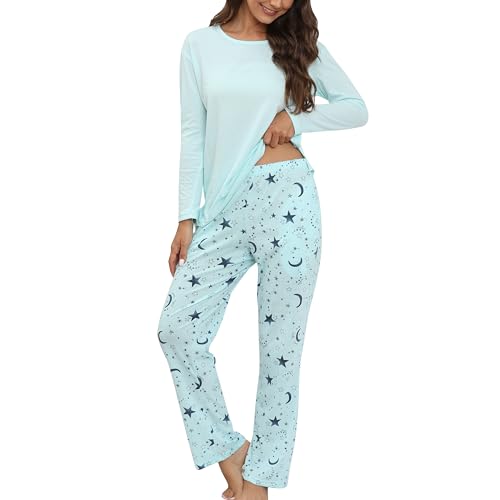 Women's Pajama Sets Cotton Long Sleeve Top & Full-Length Pants - Medium Blue Star Variation