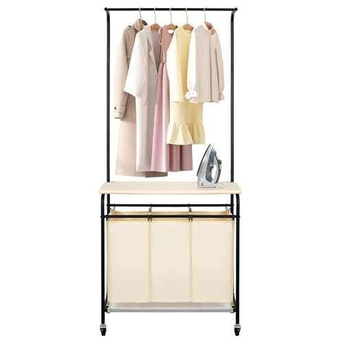 3-Section Laundry Sorter with Hanging Bar & Foldable Ironing Board, Rolling Cart