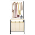 3-Section Laundry Sorter with Hanging Bar & Foldable Ironing Board, Rolling Cart