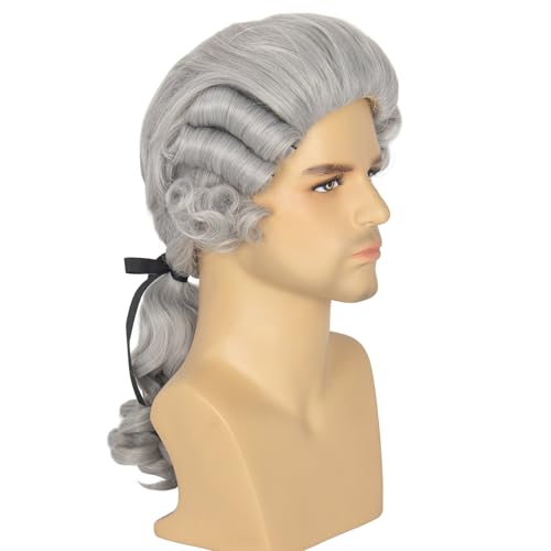 Silver Grey Colonial Wigs for Men Long Curly Cosplay Halloween Costume