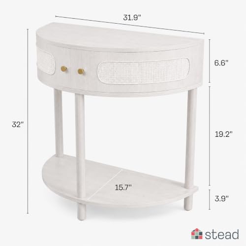 Weathered White Half Moon Entry Table - Modern Cane Console with Storage
