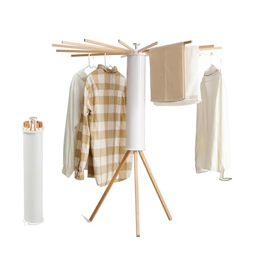 Wooden Foldable Clothes Drying Rack Tripod with 16 Rods - Standing Version