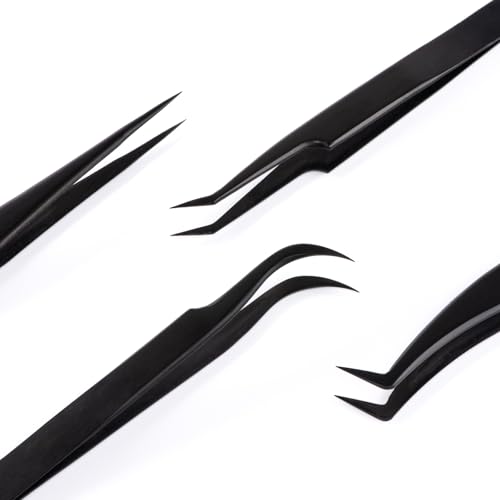 Eyelash Tweezers for Lash Extensions (Set of 4), Professional Lash Extension Tweezers Kit, Lash Tweezers for Mega Volume, Isolation & Classic False Lashes