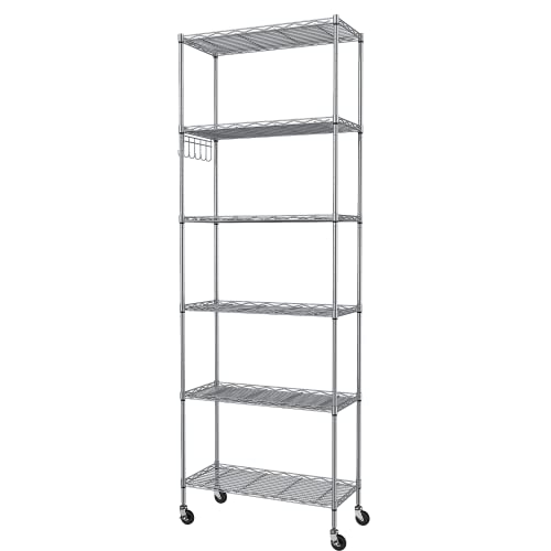6-Tier Wire Storage Shelf with Casters and Side Hooks - 21.26 x 11.42 x 72.05 Inch, Silver Gray