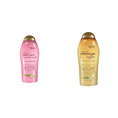 OGX Coffee Scrub and Wash, Coconut 19.5 Fl Oz with OGX Pink sea salt & rosewater gentle soothing body scrub, 19.5 Ounce, 1.0 Count