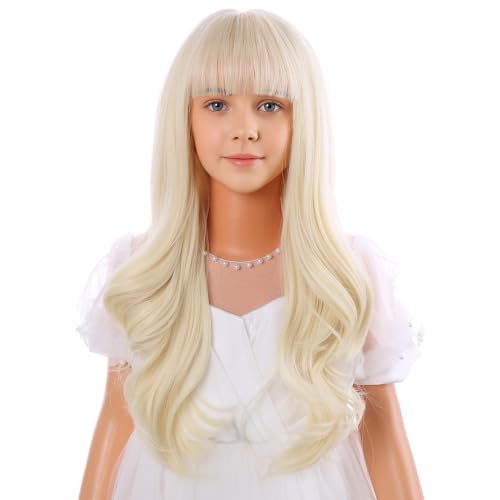 Kids Blonde Wig with Bangs - Light Blonde, Long Curly Wavy Costume Wig for Girls