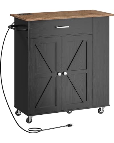 Kitchen Island Cart with Storage and Charging Station - Black and Walnut