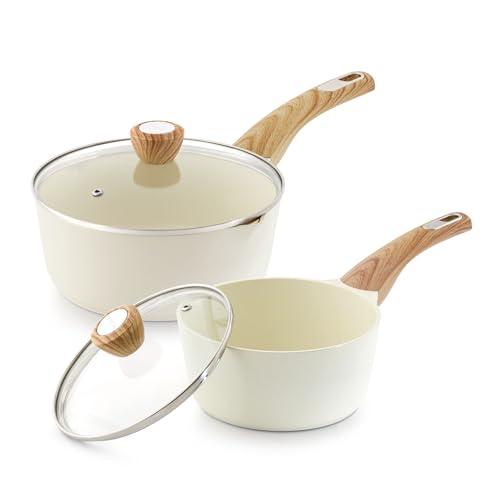 Ceramic Saucepan Set 2.0 & 3.0 Quarts Nonstick Cookware with Lid, Induction Suitable, White Variation
