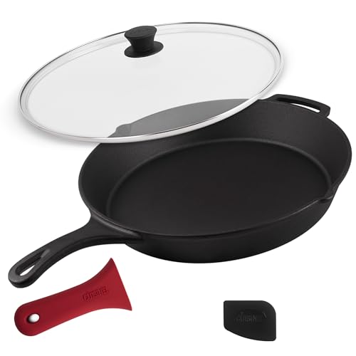 15-Inch Cast Iron Skillet with Glass Lid & Handle Cover - Pre-Seasoned Kitchen Cookware