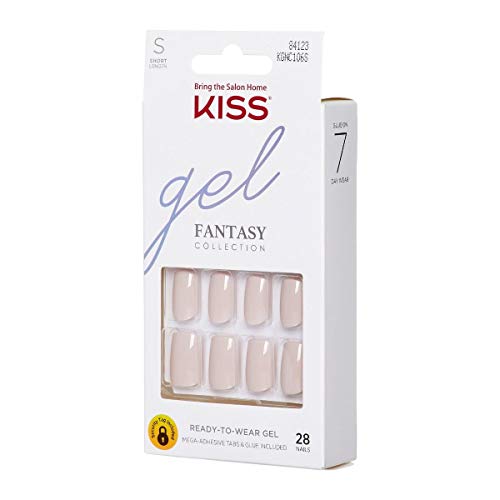 KISS Gel Fantasy Ready-to-Wear Press-On Gel Nails, ¡°Here I Am¡±, Short, White, Nail Kit with 24 Mega Adhesive Tabs, Pink Gel Glue, Manicure Stick, Mini File, and 28 Fake Nails