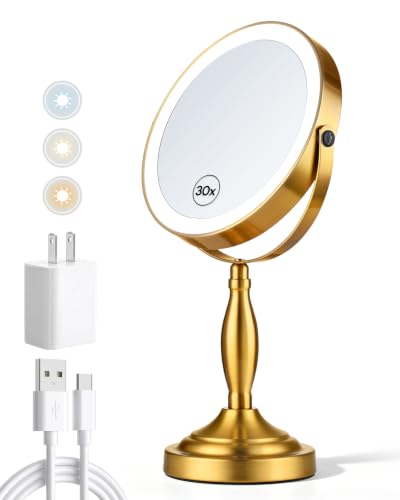 SANFANGIE Brushed Gold 8-Inch Double-Sided Makeup Mirror with Lights, 1X/30X Magnification