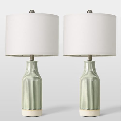 Set of 2 Green Ceramic Bedside Lamps - 23.75" Modern Farmhouse Table Lights