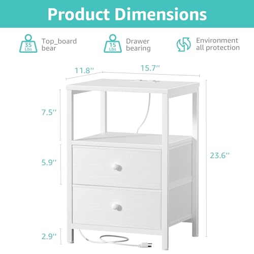 White Nightstand with Charging Station, LED Lights & Fabric Drawers
