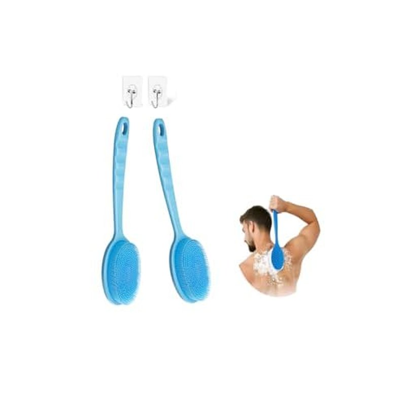 14.5inch Silicone Back Scrubber for Shower 2pcs£¨Blue£©,Exfoliating Shower Brush,Double Sided for Exfoliating and Massage£¬Long Handle Back Scrubber for Men and Women. Includes 2 Hooks (Include Hook)