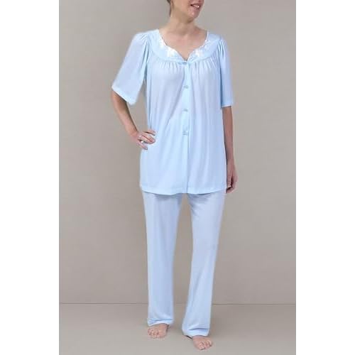 Miss Elaine PJ Set - Women's Nylon Tricot Pajama Set, Short Sleeves, Round Neckline with Embroidered Trim, Button Front Top