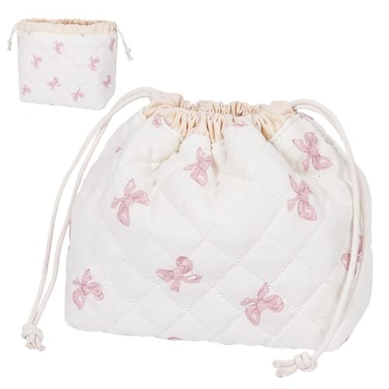 Drawstring Quilted Makeup Bag, Cosmetic Pouch, Coquette Cute Organizer, Small Make up Bag for Purse, Women's Portable Travel Cosmetic Bag