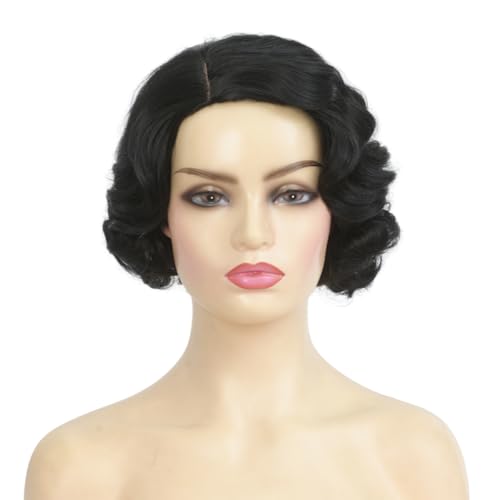 Kaneles Short Black Finger Wave Wig for Women 1920s Style, Heat-Resistant Synthetic Hair, Vintage Cosplay & Daily Wear