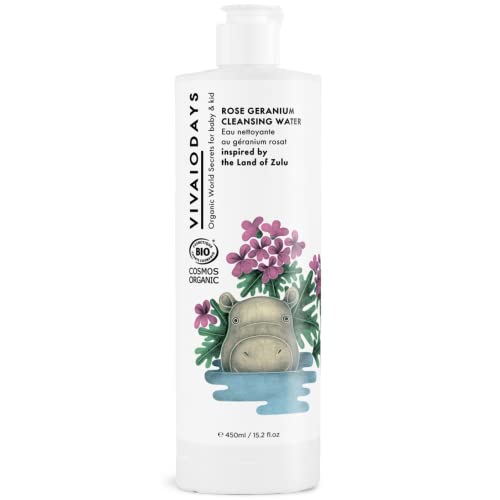VIVAIODAYS Organic Rose Geranium Cleansing Water -Quick Clean up for Baby & Gentle Makeup Remover ((15.2 oz | 450 ml Large))