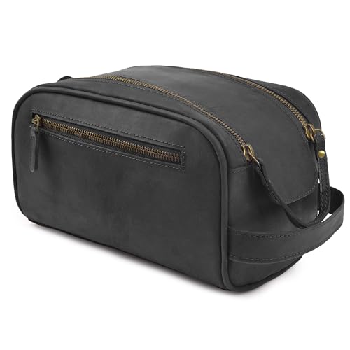 mds Genuine Leather Toiletry Bag for Men - Unisex Rustic Classic Vintage Handcrafted Full-Grain Leather Travel Dopp Kit with Waterproof Lining & Handle, Shaving & Grooming Kit Organizer Pouch - Black