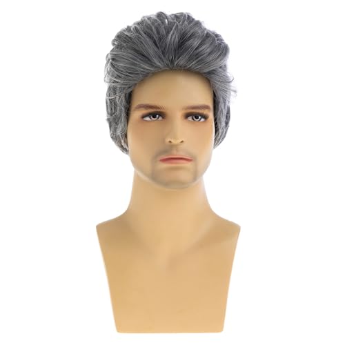 Baruisi Grey Short Wavy Layered Men’s Wig – Synthetic 100% Heat-Resistant, Halloween/Cosplay