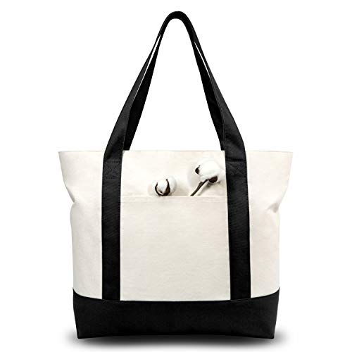 Large Reusable Canvas Tote Bag with External Pocket - Black/Natural, 6 Pack