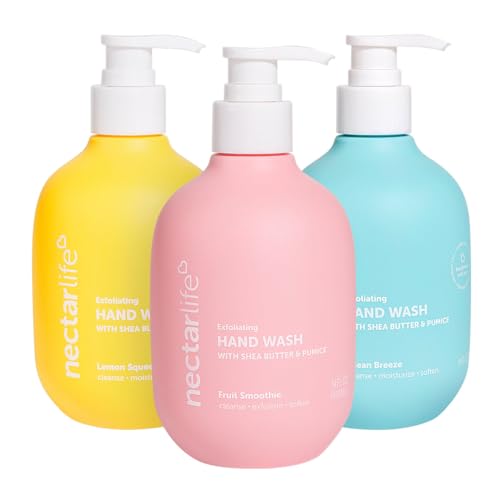 Nectar Life Exfoliating & Moisturizing Hand Wash 3-Pack, Volcanic Pumice for Hand Scrub, Shea Butter Softens Hands, Clean Vegan Ingredients