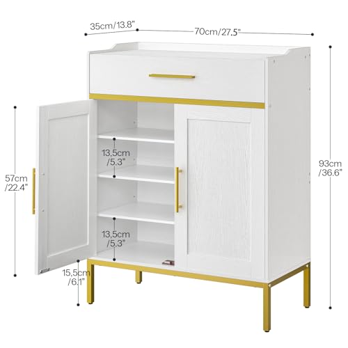 White and Gold 5-Tier Shoe Storage Cabinet with Drawers - Large Wooden Shoe Rack Organizer