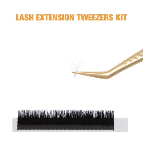 Lash Tweezers for Eyelash Extension, Professional Lash Extension Tweezer Set, High Precision Eyelash Tweezers for Volume Eyelash Extensions (Gold, 5PCS Set)