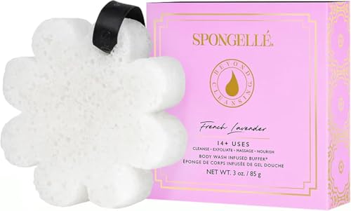 Spongellé Wild Flower Bath Sponge with Built-in Body Wash - Bundle with Box | Beach Grass, French Lavender, Freesia Pear | 14+ Uses, Women's Shower Loofah