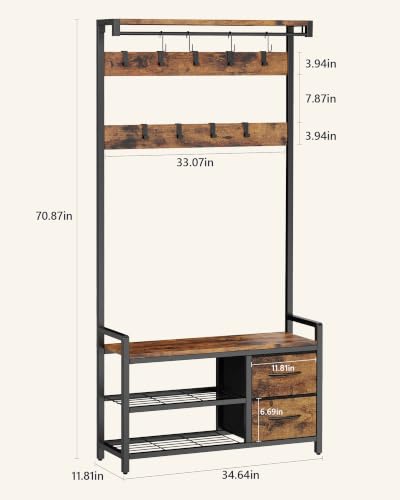 Hall Tree with Bench and Shoe Storage - 34.6" Entryway Coat Rack with Variation 34.6"x11.8"x70.8"