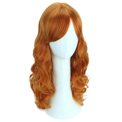 RightOn Orange Long Curly Wig with Bangs for Women - 55cm Synthetic Party Hair