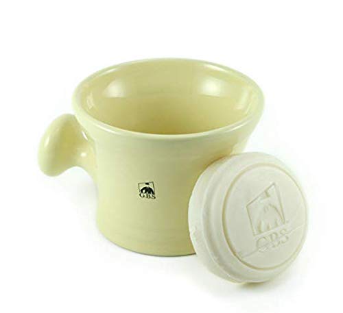 G.B.S Heavy Duty Ceramic Shaving Mug with Pommel Handle - 3 Oz Ivory with Natural Soap