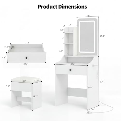 Small Vanity Desk with LED Lighted Makeup Mirror & Storage Bench