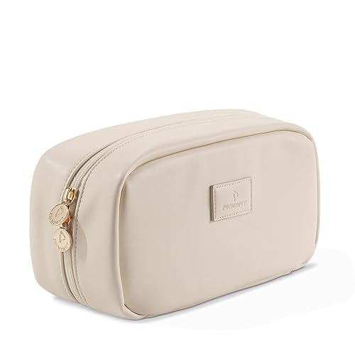 Large Beige Makeup Bag with Divider - Travel Organizer Purse for On-the-Go
