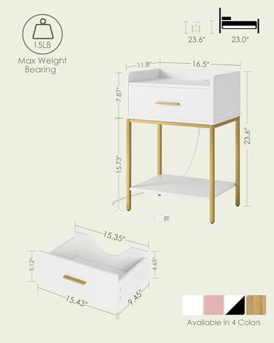Nightstand with Charging Station - White & Gold Bedside Table with Drawer & Open Shelf - Variation: White-Outlet