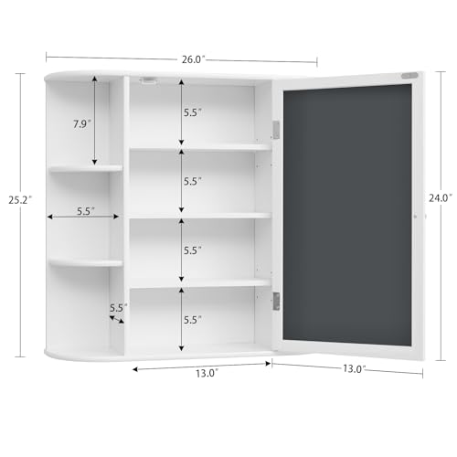 Bathroom Medicine Cabinet with Mirror, Wall Mount Storage - White, 26L x 6.3W x 25.2H - Includes 2 Adjustable Shelves & 6 Open Shelves