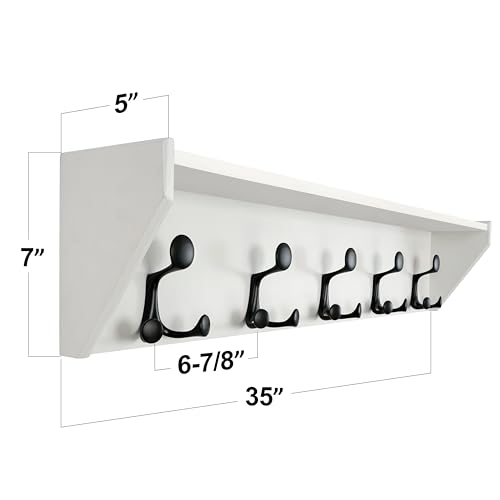 White Wall Shelf with Hooks - 35-Inch Coat Rack & Organizer for Entryway, Hallway, Living Room, Bedroom - SKOLOO