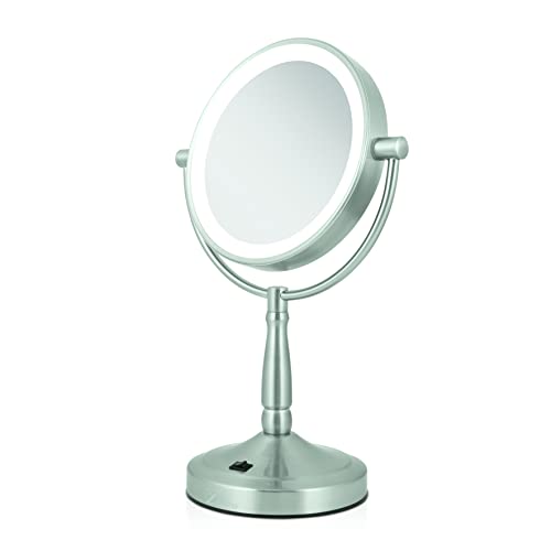 Zadro 7-inch Satin Nickel LED Makeup Mirror with 10X/1X Magnification, Swivel Lamp, Battery Operated