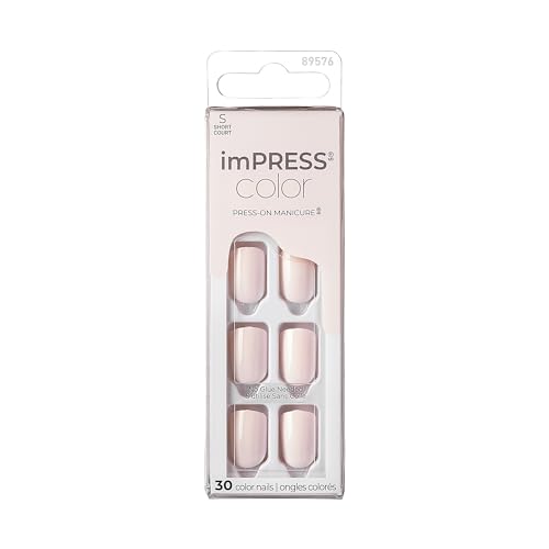 KISS Impress Color No Glue Mani 30 Pcs Press on Nails, Light Pink, Short Size, Squoval Shape, Simple Peel & Press Easy Apply, Hassle-Free Removal, Essential Tools Included