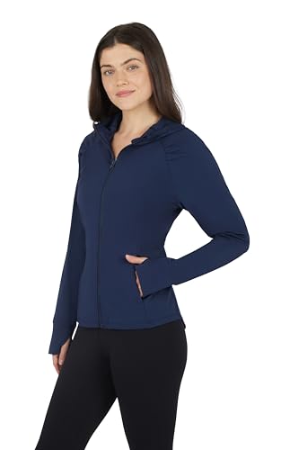 Yogalicious Women's Lightweight Hooded Yoga & Workout Jacket with Pockets - Dark Navy, Large