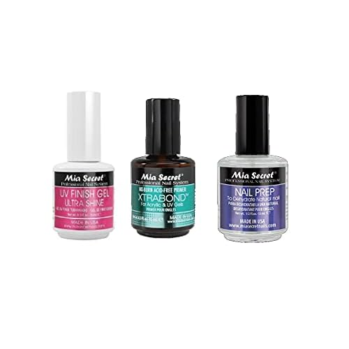 MIA SECRET - 3pc. UV Finish Gel Ultra Shine, Xtrabond Primer, and Nail Prep (0.5oz Each)