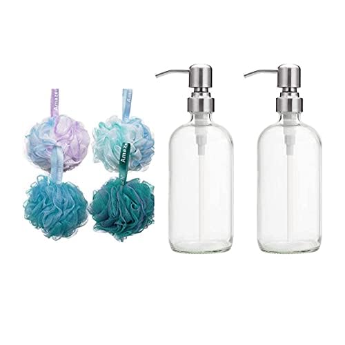 AmazerBath 2-Pack Soap Dispensers and Shower Bath Sponge Shower Loofahs Balls 75g/PCS for Body Wash Bathroom Men Women- Set of 4 Flower Color Sponges