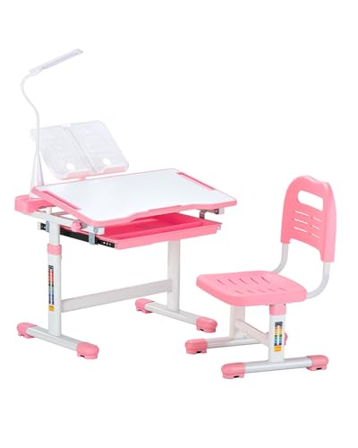 Kids Study Desk and Chair Set with Tilting Desktop and Table Lamp - Pink, Adjustable Height