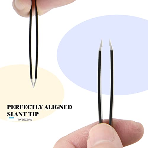 Stainless Steel Tweezers for Eyebrows-Flat Tweezer with Case for Women&Man,Great Precision on Brow,Facial Hair and Ingrown Hair Removal(Black)