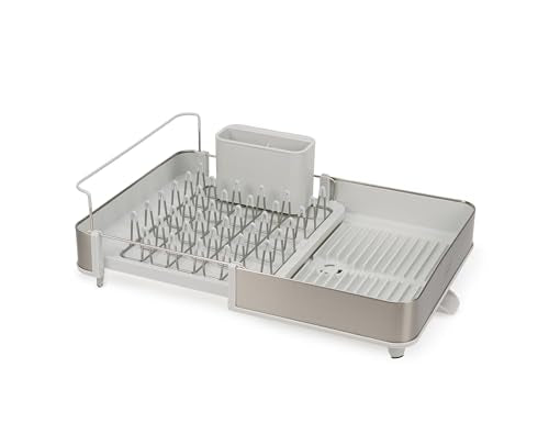 Extendable Steel Dish Rack with Draining Spout - 1-Tier Light Stone