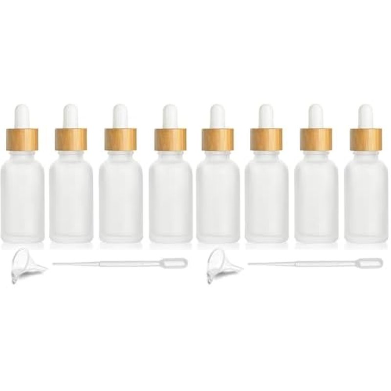 4 Pcs Bamboo Frosted Glass Eye Dropper Bottle,Empty Essential Oil Bottles With Pure Glass Pipettes,Bamboo Cap Makeup Travel Cosmetic Sample Container-Pipette&Funnel included (30ml/1 Ounce) (Pack of 2)