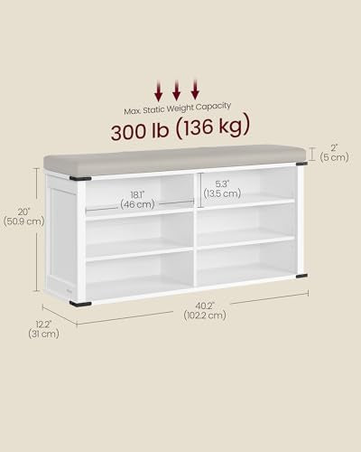 VASAGLE Cloud White Shoe Storage Bench with Removable Cushion, 6 Shelves, 12-15 Pairs