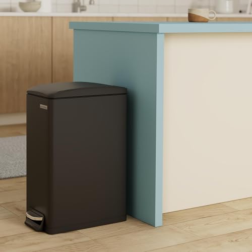 SONGMICS 13-Gallon Slim Kitchen Trash Can with Lid - Black, Stainless Steel